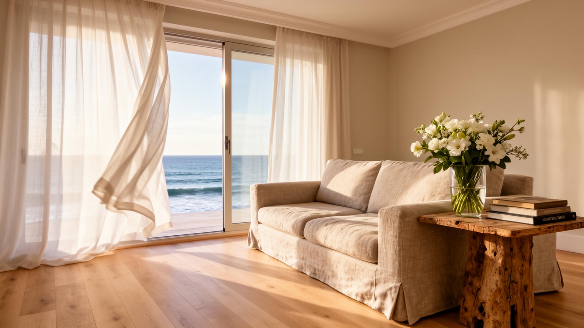 Interior elegante de uma vila portuguesa com vista para o mar