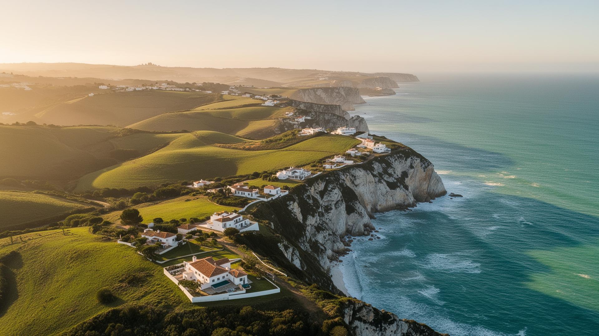 Vista aérea da Silver Coast com vilas em frente ao oceano Atlântico